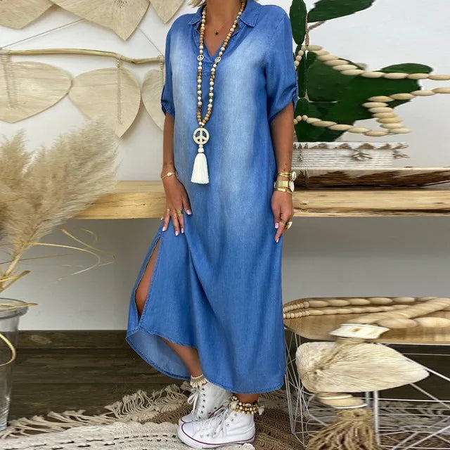 Lea | Lang kjole i jeans-look med sidelommer
