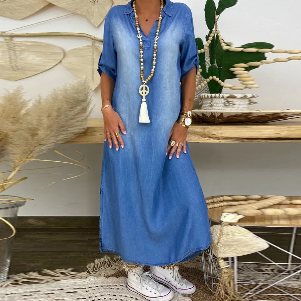 Lea | Lang kjole i jeans-look med sidelommer