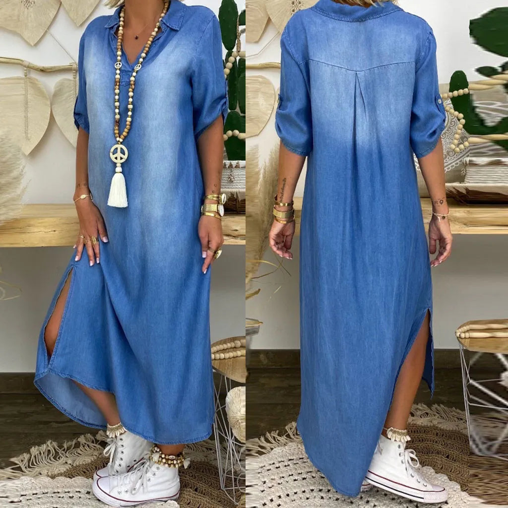Lea | Lang kjole i jeans-look med sidelommer