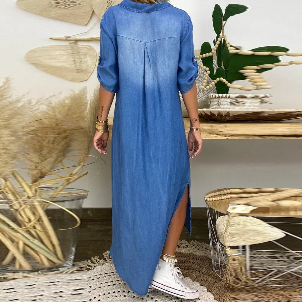 Lea | Lang kjole i jeans-look med sidelommer