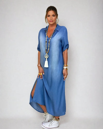 Lea | Lang kjole i jeans-look med sidelommer