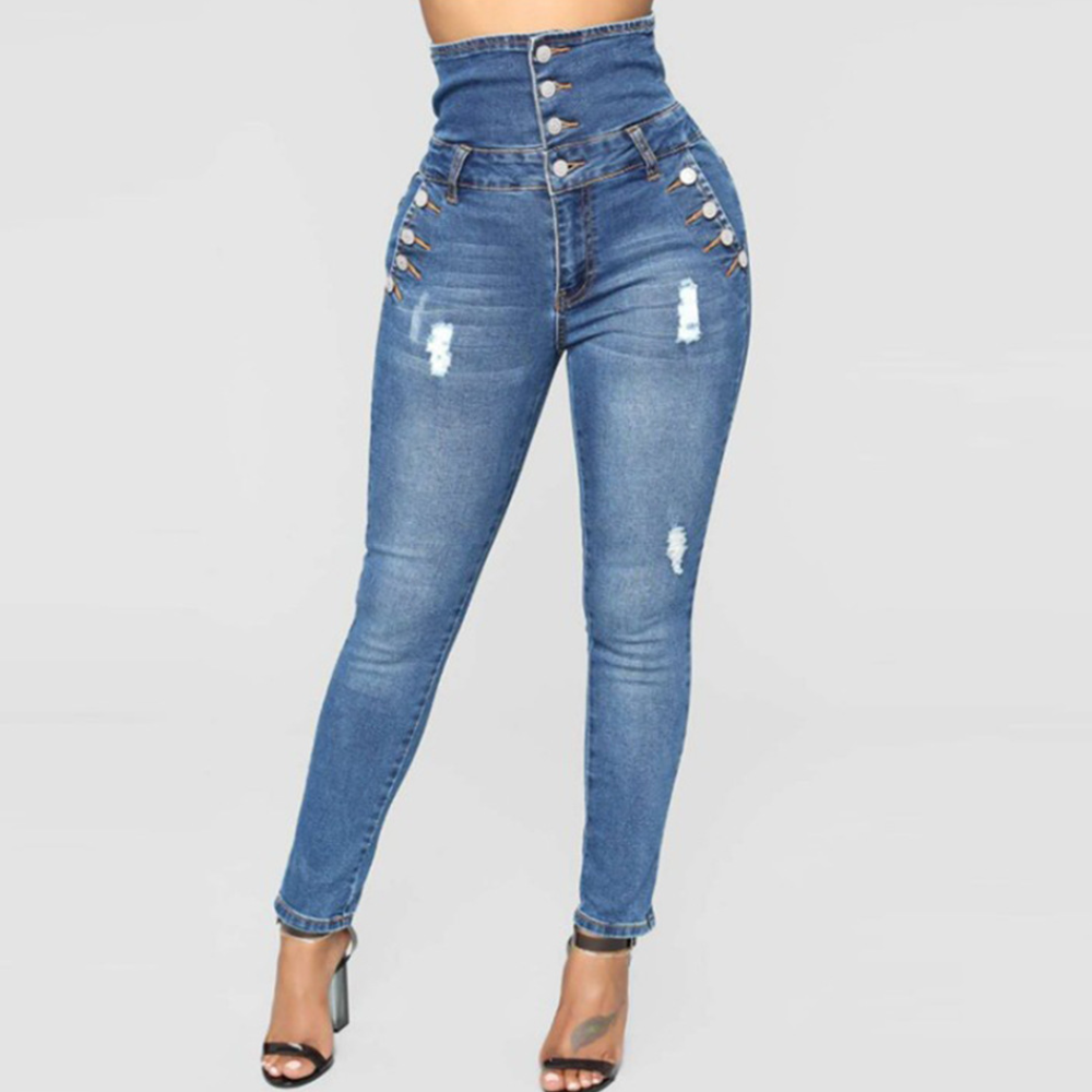 Katja | Højtaljede Slidte Skinny Jeans med Knapper